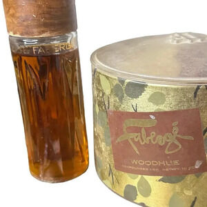 Vintage Faberge Woodhue Scented Body Powder 5 OZ and perfume set
